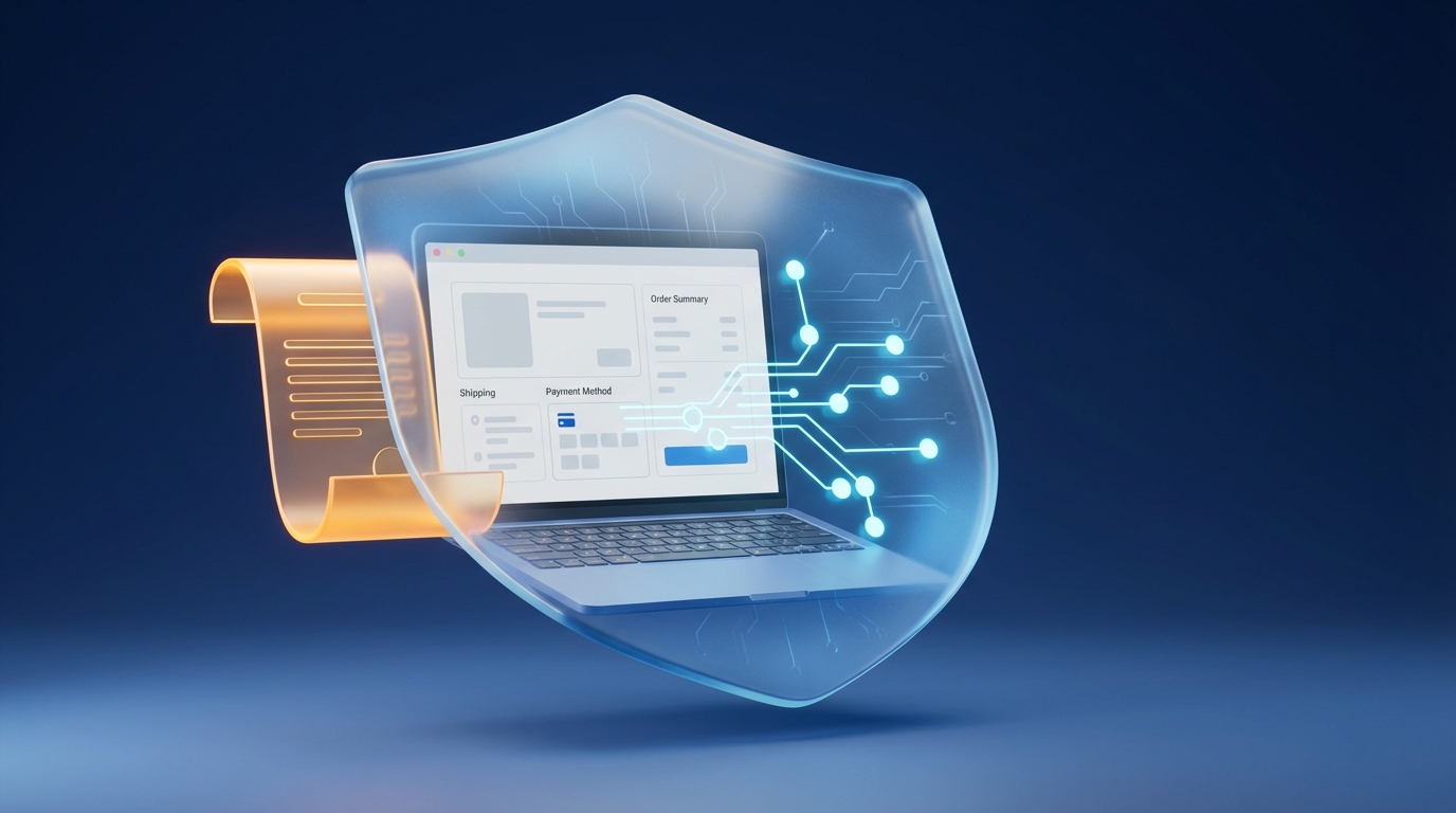 E-ticaret kanunu ve online ödeme sistemleri hakkında bilgi veren blog yazısı için soyut 3D banner görseli. Sanal POS çözümleri ve yasal düzenlemeler hakkında.