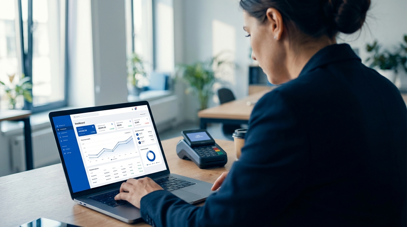 Bir işletme sahibi dizüstü bilgisayarında finansal verileri inceliyor. Grafik ve tablolarla dolu ekran, bütçe takibi ve finansal yönetim süreçlerini gösteriyor.
