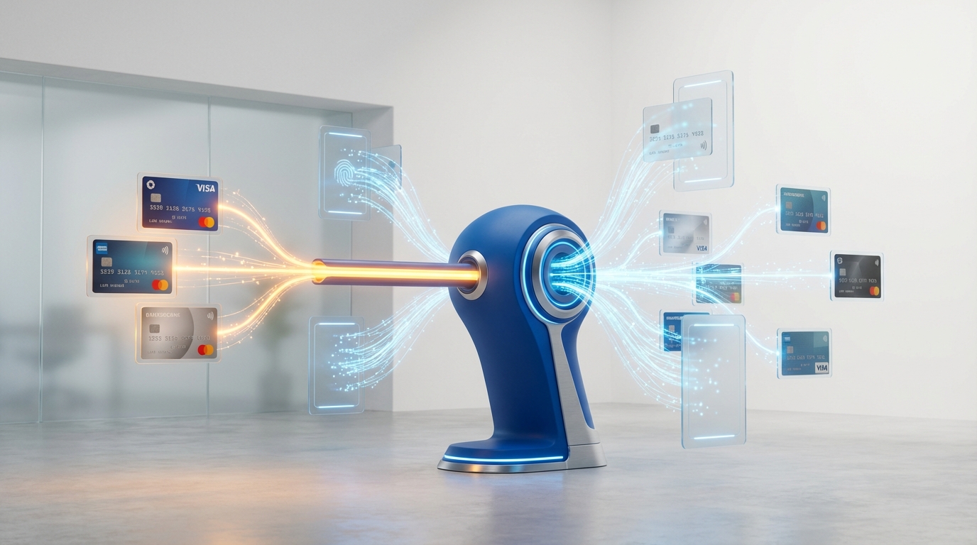 Ödeme orkestrasyonu blog yazısı için soyut 3D banner görseli. Modern ödeme sistemleri ve teknolojik altyapıyı temsil eden, dikkat çekici ve SEO uyumlu bir görsel açıklaması.