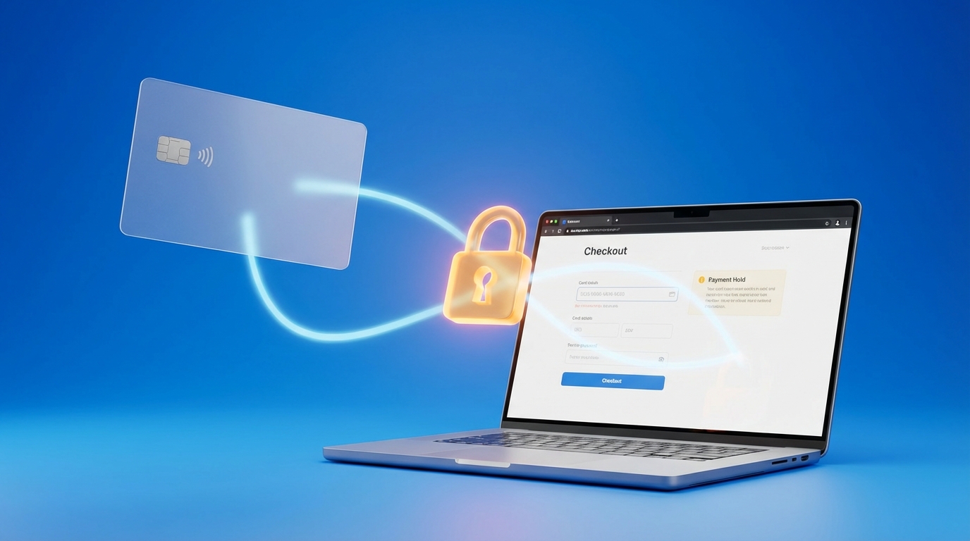 Sanal POS ön provizyon sürecini anlatan blog yazısı için soyut 3D banner görseli. Online ödeme, kredi kartı güvenliği ve finansal teknoloji hakkında bilgi edinin.